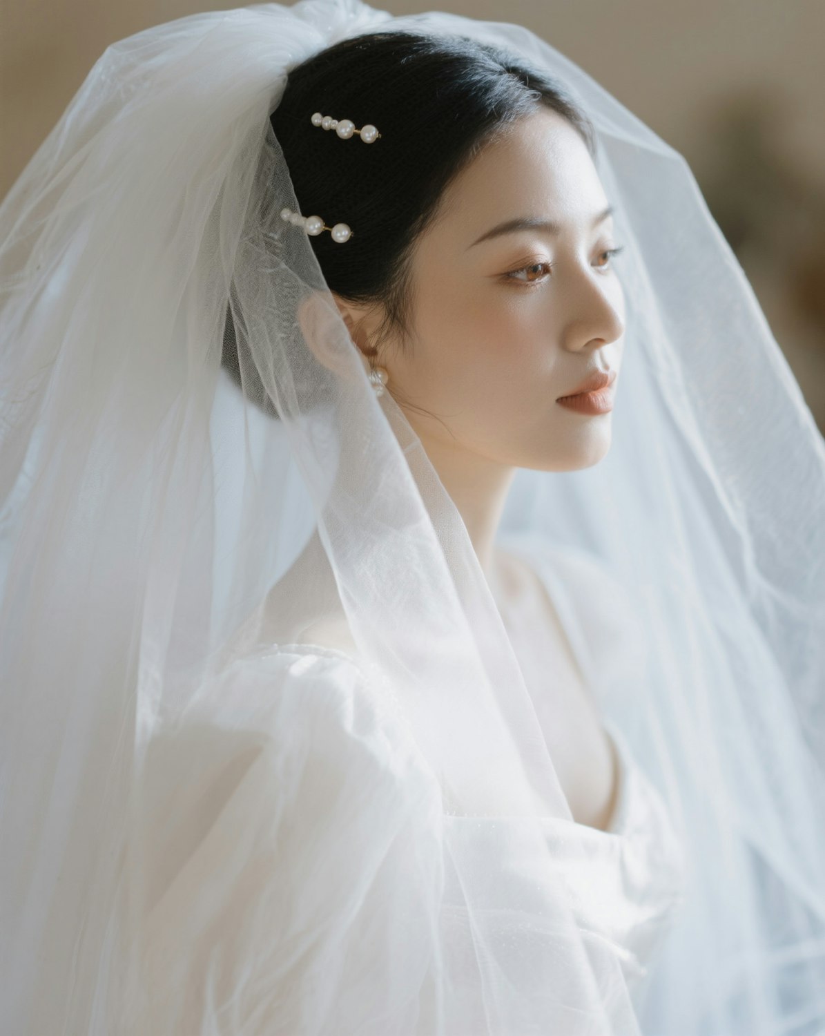 Bride wearing a soft chignon with pearl hairpins and a sheer veil