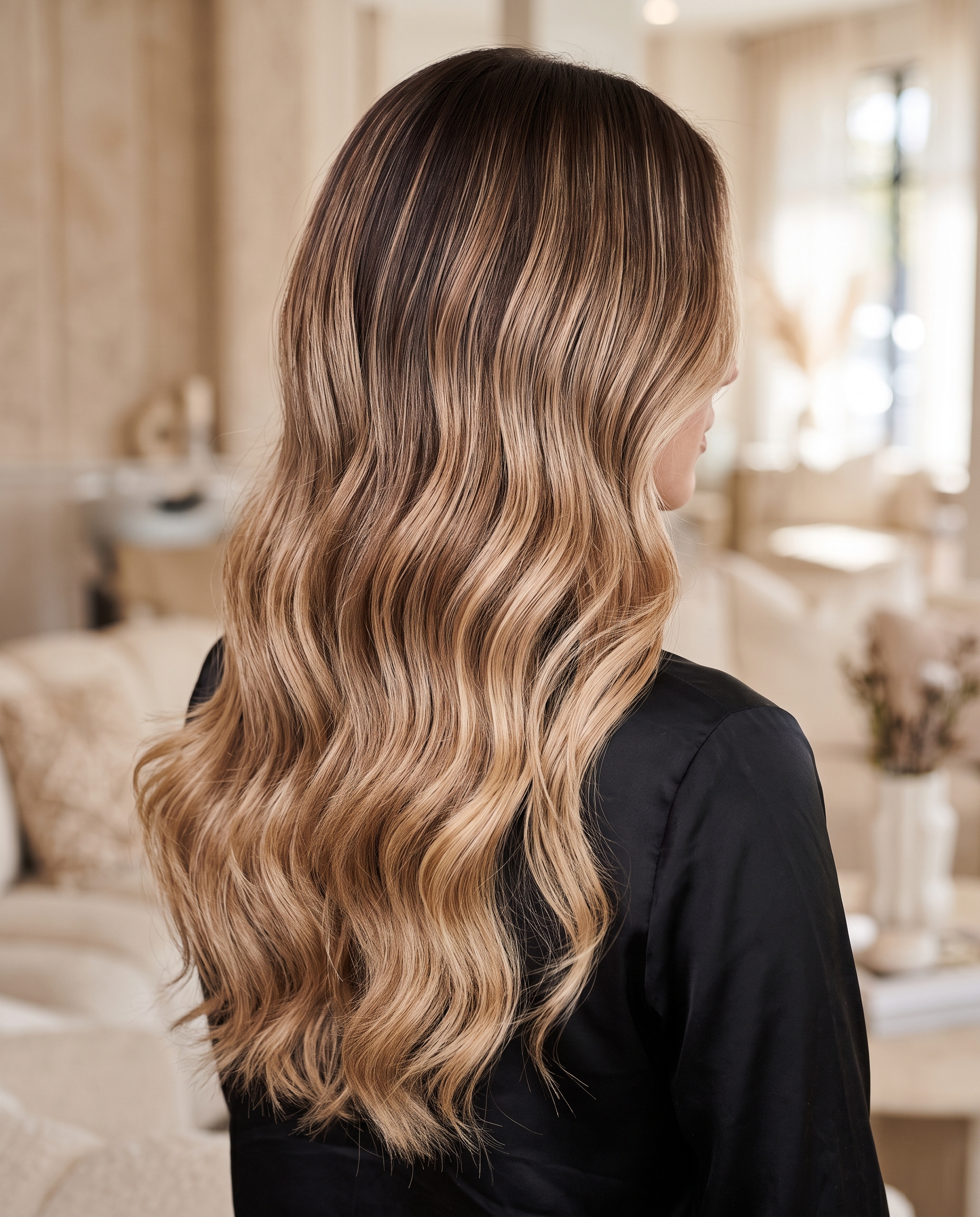 Long glossy hair with soft honey blonde balayage