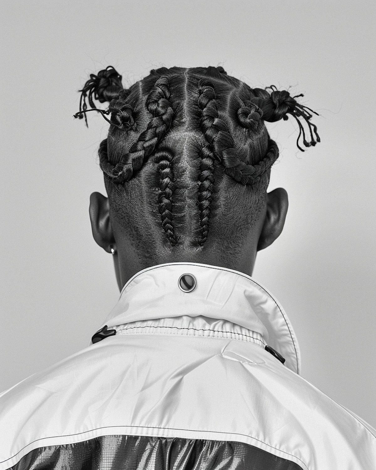 Intricate braided style photographed from behind in black and white